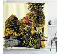 ABAKUHAUS Motorcycle Shower Curtain, Girl on a Chopper Freehand Drawing of Historic Route 66 Sketch Style Countryside, Cloth Fabric Bathroom Decor Set with Hooks, 70 Inches, Multicolor