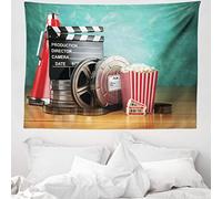 ABAKUHAUS Movie Theater Tapestry, Production Theme 3D Film Reels Clapperboard Tickets Popcorn and Megaphone, Fabric Wall Hanging Decor for Bedroom Living Room Dorm, 58 W X 43 L, Light Green Brown
