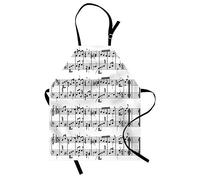 ABAKUHAUS Music Apron, Musical Notes on The Clef Illustration Ornamental Artistic Pattern Artwork Print, Unisex Kitchen Bib Apron with Adjustable Neck for Cooking Baking Gardening, Black and White