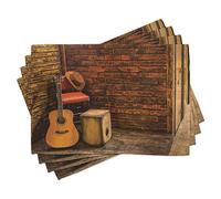 ABAKUHAUS Music Placemats, Musical Instruments Guitar and Cajun on Wooden Stage in Pub Singing Photo, Washable Fabric Dining Room Kitchen Table Decoration Digital Print, Orange Sand