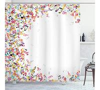 ABAKUHAUS Music Shower Curtain, Colorful Musical Notes Frame Festival Singing Enjoyment Fashion Themed Print, Cloth Fabric Bathroom Decor Set with Hooks, 78" Inches, White Multicolor