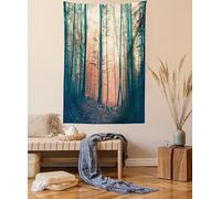 ABAKUHAUS Mystic Tapestry, Pale and Vintage Color in Mysterious Autumn Forest Woodland Nature Picture, Fabric Wall Hanging Decor for Bedroom Living Room Dorm, 43 W X 58 L, Coral Dark Green