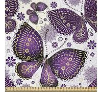 ABAKUHAUS Natural Fabric by The Yard, Butterflies with Paisley Motif on Wings Flowers Art Print, Fabric for Upholstery and Home Decor Accents,2M (148x200cm), Plum Purple Lilac White