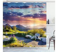 ABAKUHAUS Nature Shower Curtain, Idyllic Skyline in National Park on European Mountains Tranquil Scenery, Cloth Fabric Bathroom Decor Set with Hooks, 78 Inches, Fern Green Blue Lilac