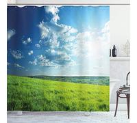 ABAKUHAUS Nature Shower Curtain, Refreshing Meadow Valley Under Cloud Sun Sky Spring Grass Country Image, Cloth Fabric Bathroom Decor Set with Hooks, 86 Inches Extra Long, Lime Green Pale Blue