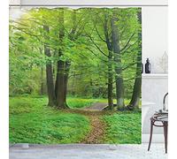 ABAKUHAUS Nature Shower Curtain, Summer Season Forest with Flourishing Trees Grass and Pathway Tranquil Scenery, 70 Inches, Fern Green Brown