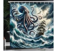 ABAKUHAUS Nautical Shower Curtain, Fantasy Sea World Adventure Kraken Octopus Monster Storm Waves and Sailors Ship, Cloth Fabric Bathroom Decor Set with Hooks, 78 Inches, Teal Mauve