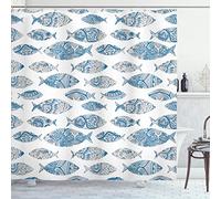 ABAKUHAUS Nautical Shower Curtain, Fish Sea Animal with Ottoman Ornate Mosaic Hand Drawn Style Marine Artwork, Cloth Fabric Bathroom Decor Set with Hooks, 175 x 180 cm, Azure Blue Dust