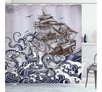 ABAKUHAUS Nautical Shower Curtain, Octopus Kraken Tentacles with Ship Sail Old Boat in Ocean Waves Marine Theme, Cloth Fabric Bathroom Decor Set with Hooks, 175 x 200 cm, Navy Blue Brown
