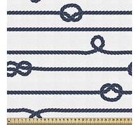 ABAKUHAUS Navy Fabric by The Yard, Ship Boat Sea Life and Marine Nautical Knots as Border Lines Art Print, Fabric for Upholstery and Home Accents, 1M (148x100cm), Blue White