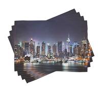 ABAKUHAUS New York Place Mats Set of 4, Manhattan Skyline at Night, Washable Fabric Placemats for Dining Room Kitchen Table Decor, Blue and Orange