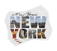 ABAKUHAUS New York Place Mats Set of 4, NYC Collage Featuring Different Areas of the Big Apple Manhattan American Urban, Washable Fabric Placemats for Dining Room Kitchen Table Decor, White Grey