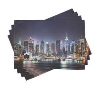 ABAKUHAUS New York Placemats 8 Pack, Manhattan Skyline at Night Skyscrapers Panorama on Tranquil River Image, Washable Fabric Dining Room Kitchen Table Decoration, Dark Indigo