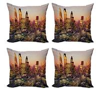 ABAKUHAUS New York Throw Pillow Cushion Cover Pack of 4, Global City Sunset Reflecting on Skyscrapers Famous Town Landmark View Photo Print, Zippered Double-Side Digital Print, 40 x 40 cm, Violet