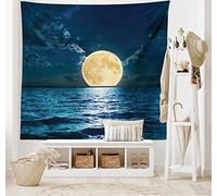 ABAKUHAUS Ocean Tapestry, Super Moon over Ocean Surface Midnight View Dreamy Mystic Picture Print, Fabric Wall Hanging Decor for Bedroom Living Room Dorm, 90 W X 54 L, Yellow Navy Blue