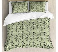 ABAKUHAUS Oriental Green Duvet Cover Set, Bamboo Leaf Artwork, Bedding Set 3 Pieces with 2 Pillow Shams, 230 x 220 cm - 70 x 50 cm, Khaki Black