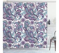 ABAKUHAUS Paisley Shower Curtain, Blue and Purple Flowers Leaves Floral Pattern Bohemian Style Country Print, Cloth Fabric Bathroom Decor Set with Hooks, 78 Inches, White Purple Blue