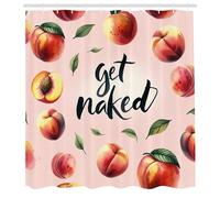 ABAKUHAUS Peach Shower Curtain, Get Naked Phrase Written on Pastel Back Fruits and Leaves Fun Playful, Cloth Fabric Bathroom Decor Set with Hooks, 78 Inches, Blush Dark Coral Yellow