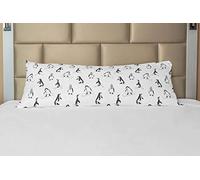 ABAKUHAUS Penguin Body Pillow Case Cover with Zipper, Skiing Penguins on Snowboards Winter Sports Themed Pattern Animal Bird with Scarf, Decorative Accent Long Pillowcase, 21" x 54", White Black
