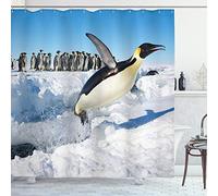 ABAKUHAUS Penguin Shower Curtain, Penguins Pole Wildlife Swimming Flying Dancing Family Group Icebergs Antarctica, Cloth Fabric Bathroom Decor Set with Hooks, 78" Inches, Blue Light Grey
