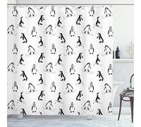 ABAKUHAUS Penguin Shower Curtain, Skiing Penguins on Snowboards Winter Sports Themed Pattern Animal Bird with Scarf, Cloth Fabric Bathroom Decor Set with Hooks, 70 Inches, White Black