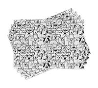 ABAKUHAUS Pet Place Mats Set of 4, Group of Dogs and Cats Animals Fun Happy Beings Cartoon Inspired Design, Washable Fabric Placemats for Dining Table, Standard Size, White Grey Black