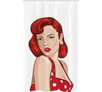 ABAKUHAUS Pin up Girl Shower Curtain, Vintage Portrait of a Ginger Lady with Retro Style Rolled Hair, Cloth Fabric Bathroom Decor Set with Hooks, 47" x 70", Pale Peach Scarlet