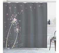 ABAKUHAUS Pink and Grey Shower Curtain, Dandelion Flowers with Hearts Pastel Love Celebration Anniversary, Cloth Fabric Bathroom Decor Set with Hooks, 70 Inches, Pink Grey Pale Green