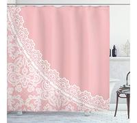 ABAKUHAUS Pink and White Shower Curtain, Lace Old Fashioned Border on Pink Color Wedding Theme Feminine Print, Cloth Fabric Bathroom Decor Set with Hooks, 78" Inches, Pale Pink White