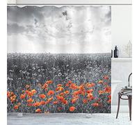 ABAKUHAUS Poppy Shower Curtain, Flower Field Pattern with Greyscale Background Remembrance Day Theme Nostalgic, Cloth Fabric Bathroom Decor Set with Hooks, 78 Inches, Orange and Grey
