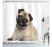 ABAKUHAUS Pug Shower Curtain, Nine Months Old Pug Puppy Lying Around Cute Pet Funny Animal Domestication Print, Fabric Bathroom Decor Set with Hooks, 70" Inches, Pale Brown Black