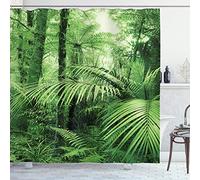 ABAKUHAUS Rainforest Shower Curtain, Palm Trees and Exotic Plants in Tropical Jungle Wild Nature Theme Illustration, Cloth Fabric Bathroom Decor Set with Hooks, 86 Inches Extra Long, Green