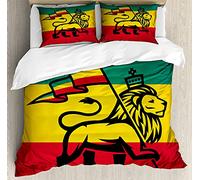 ABAKUHAUS Rasta Duvet Cover Set, Judah Lion Rastafari Flag, Bedding Set 3 Pieces with 2 Pillow Shams, 200 x 200 cm - 70 x 50 cm, Yellow Black