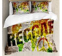 ABAKUHAUS Rasta Duvet Cover Set, World Map Reggae Words, Bedding Set 3 Pieces with 2 Pillow Shams, 200 x 200 cm - 70 x 50 cm, Pale Brown Orange