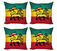 ABAKUHAUS Rasta Throw Pillow Cushion Case Pack of 4, Judah Lion Rastafari Flag, Modern Accent Double-sided Digital Printing, 60 cm x 60 cm, Yellow Black