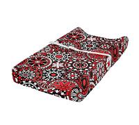 ABAKUHAUS Red Mandala Changing Pad Cover, Flower Mosaic, Soft Cover for Diaper Changing Pad with Safety Buckle Holes, Black White Orange