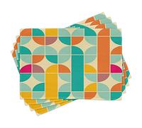 ABAKUHAUS Retro Place Mats Set of 4, Pop Art Funky Unusual Geometric Forms Mosaic Style Old Fashioned Graphic, Washable Fabric Placemats for Dining Table, Standard Size, Blue-green Orange