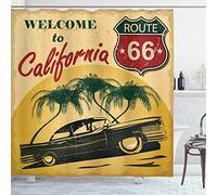 ABAKUHAUS Retro Shower Curtain, Retro Welcome to California Advertising Seat of Hollywood in Pop Art Style Print, Cloth Fabric Bathroom Decor Set with Hooks, 78 Inches, Red Emerald