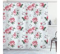 ABAKUHAUS Rose Shower Curtain, Blooming English Rose Watercolor Painting Style Garden Shabby Form Wild Flowers, Cloth Fabric Bathroom Decor Set with Hooks, 175 x 200 cm, Reseda Green