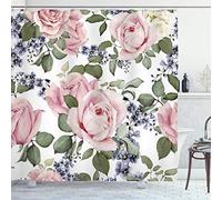 ABAKUHAUS Rose Shower Curtain, Flourishing Pink Roses with Tender Spring Summer Soulful Blossoms Bridal, Fabric Bathroom Decor Set with Hooks, 78" Inches, Green Blue Grey Pale Pink