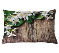 ABAKUHAUS Rustic Wood Throw Pillow Cushion Cover, Jasmine Flower on the Table Retro Style Composition, Decorative Square Accent Pillow Case, 26 X 16 Inches, Brown Green