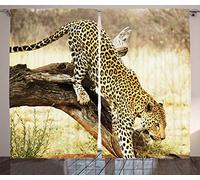 ABAKUHAUS Safari Curtains, Leopard on Tree Trunk Desert Plants Exotic Hunter Predator Big Cat Image, Living Room Bedroom Window Drapes 2 Panel Set, 69 W X 110 L, Green and Brown