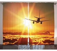 ABAKUHAUS Scenery Curtains, Aeroplane Aircraft Widebody Jet Flying on Air Rising Sun with Fluffy Clouds Art, Living Room Bedroom Window Drapes 2 Panel Set, 69 L X 110 W, Multicolor