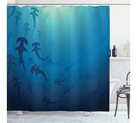 ABAKUHAUS Sea Animals Shower Curtain, Hammerhead Shark Scan Ocean Dangerous Predator Wild Nature Illustration, Cloth Fabric Bathroom Decor Set with Hooks, 78" Inches, Navy blue