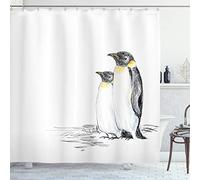 ABAKUHAUS Sea Animals Shower Curtain, Hand Drawn Art Penguins Aquatic Flightless Birds Polar South Pole Wildlife, Cloth Fabric Bathroom Decor Set with Hooks, 86" Inches, White Yellow Black