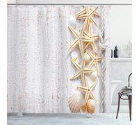 ABAKUHAUS Seashells Shower Curtain, Starfish Navy Rope in Vertical Direction Wood Surface Ocean Beach Nautical Print, Cloth Fabric Bathroom Decor Set with Hooks, 175 x 180 cm, İvory