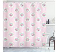 ABAKUHAUS Shabby Flora Shower Curtain, Retro Style Polka Dotted Backdrop and Floral Motifs Roses Cottage, Cloth Fabric Bathroom Decor Set with Hooks, 78 Inches, Baby Pink White Seafoam