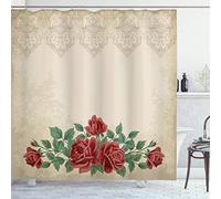 ABAKUHAUS Shabby Flora Shower Curtain, Vintage Glamour Background Red Rose Love and Attraction Delicacy, Cloth Fabric Bathroom Decor Set with Hooks, 86 Inches Extra Long, Beige Green