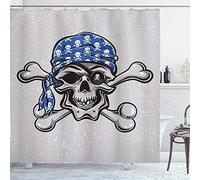 ABAKUHAUS Skull Shower Curtain, Scallywag Pirate Dead Head Grunge Horror Evil Sailor Crossed Bones Kerchief, Cloth Fabric Bathroom Decor Set with Hooks, 78 Inches, Blue Grey Black