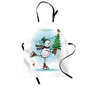 ABAKUHAUS Snowman Apron, Hand Drawn Style Skating Snowman with Christmas Tree and Hat Cold Winter Snowfall, Unisex Kitchen Bib Apron with Adjustable Neck for Cooking Baking Gardening, Multicolor